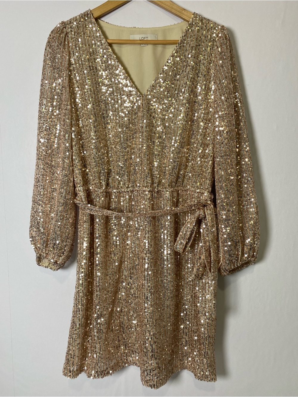 LOFT Gold Sequin Mini Dress Balloon‎ Sleeve Tie Waist Holiday Party Med Evening